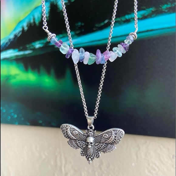 Double layer moth skull moon charm & gems of your choice goth boho necklace - Picture 2 of 13